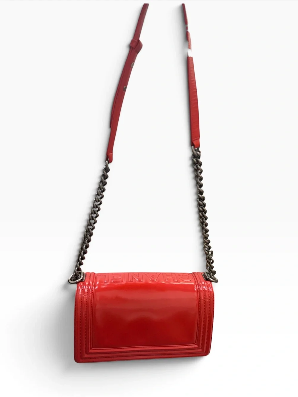 Authentic Chanel Medium Boy Red Glazed Calfskin Flap Bag